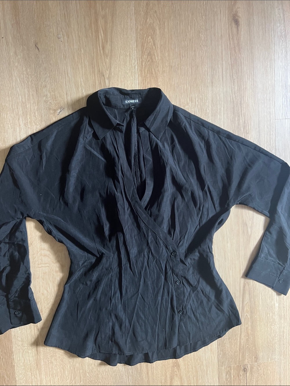 Express Black Wrap-Front Long Sleeve Blouse